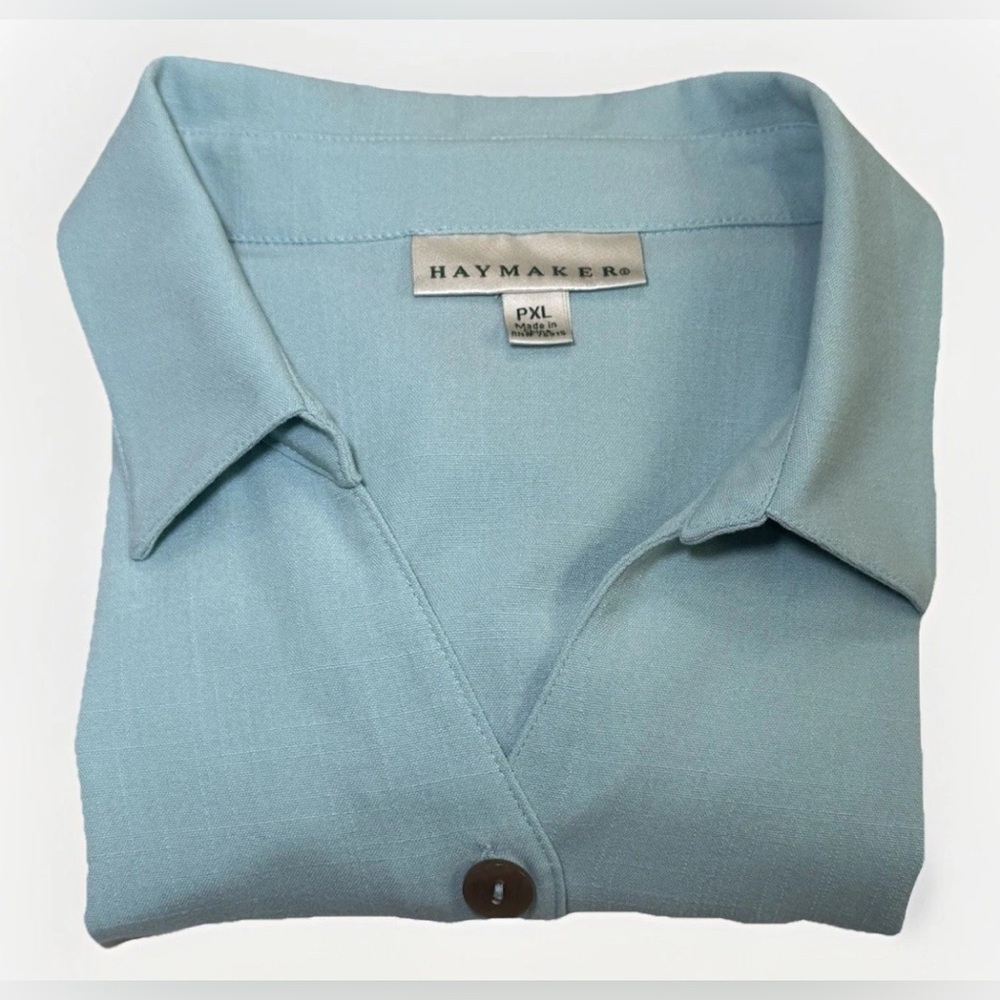 Haymaker Womens Size PXL Pale Blue Aqua Blouse Linen Feel Flowing Comfy Sharp!